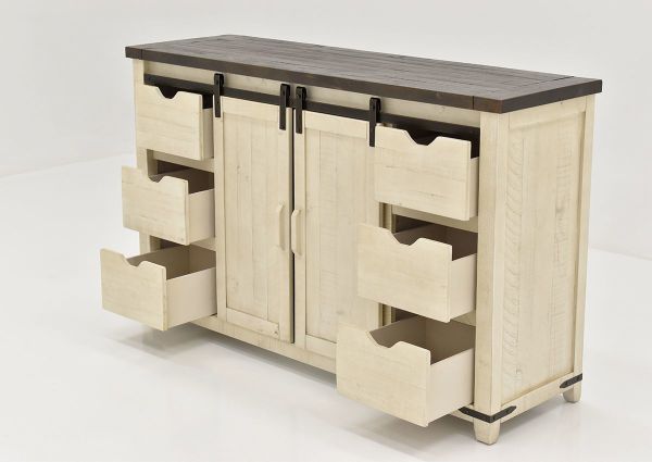 Slightly Angled View of the Madison County Cabinet in White by Jofran with Drawers Open | Home Furniture Plus Bedding