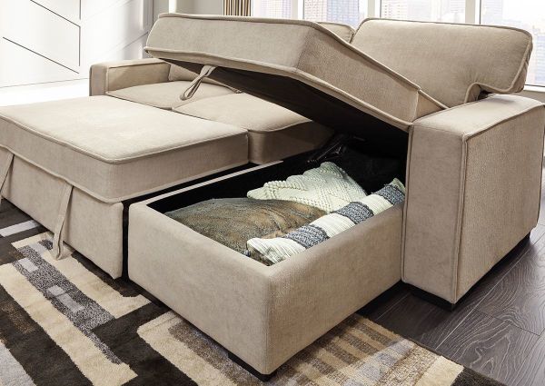 Angled Room View with Opened Chaise Displaying the Storage on the Darton Convertible Sleeper Sofa in Off White by Ashley | Home Furniture Plus Bedding