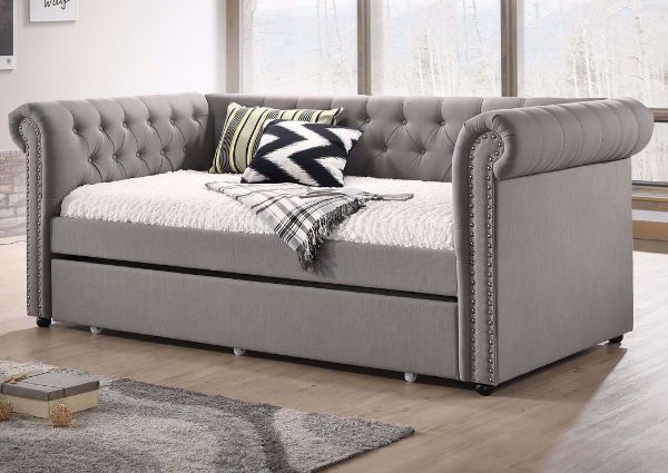 Gray Upholstered Ellie Daybed with the Trundle Closed in a Room Setting | Home Furniture Plus Bedding