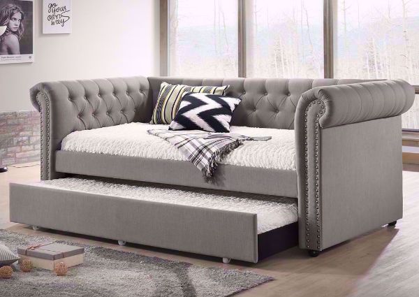 Gray Upholstered Ellie Daybed with the Trundle Open in a Room Setting | Home Furniture Plus Bedding