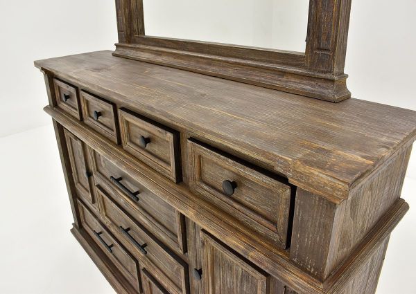Barnwood Brown Vienna Dresser with Mirror by Vintage Furniture Showing Close Up Angle View | Home Furniture Plus Bedding
