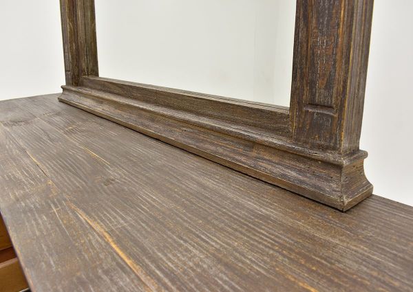 Barnwood Brown Vienna Dresser with Mirror by Vintage Furniture Showing Close Up of Mirror Bottom | Home Furniture Plus Bedding