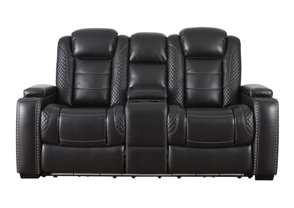 Front Facing View of the Party Time POWER Reclining Loveseat in Midnight Black by Ashley Furniture | Home Furniture Plus Bedding
