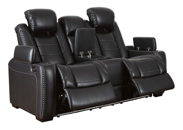 Angled View of the Open Party Time POWER Reclining Loveseat in Midnight Black by Ashley Furniture | Home Furniture Plus Bedding
