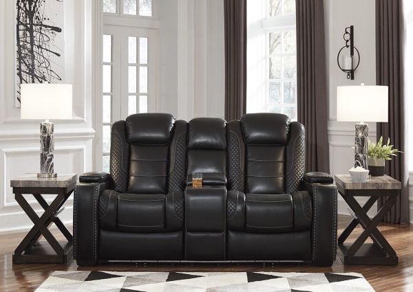 Room View of the Party Time POWER Reclining Loveseat in Midnight Black by Ashley Furniture | Home Furniture Plus Bedding