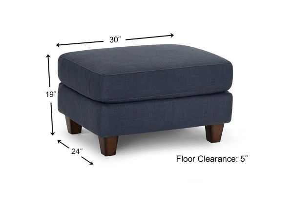 Angled View of the Landry Ottoman in Blue Indigo by Franklin Corporation Showing Ottoman Dimensions | Home Furniture Plus Bedding