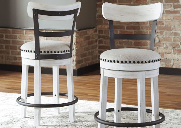 Front and Back Views of the Valebeck 24 Inch Barstool in White by Ashley Furniture in a Room Setting | Home Furniture Plus Bedding