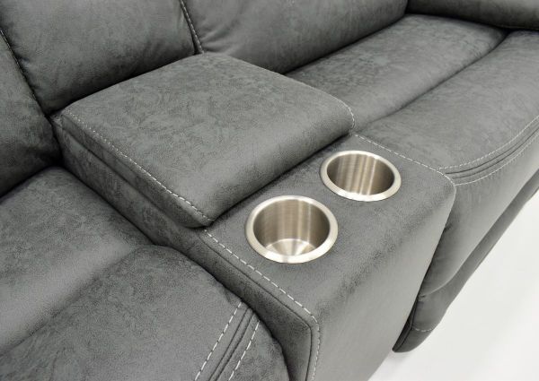 Closeup View of the Cupholders on the Dakota POWER Sectional Sofa in Gray by K-Motion | Home Furniture Plus Bedding
