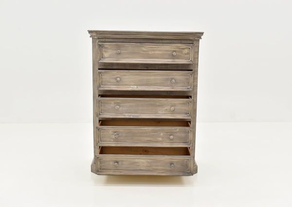 Front View of the Westgate Chest of Drawers in Granite by Vintage Furniture with Opened Drawers | Home Furniture Plus Bedding