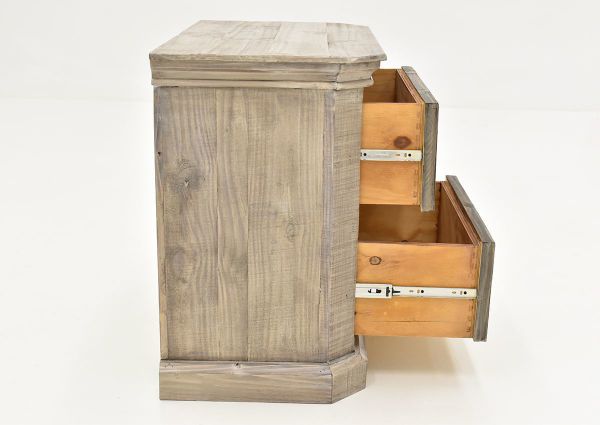 Side View of the Westgate Nightstand in Granite with Opened Drawers by Vintage Furniture | Home Furniture Plus Bedding