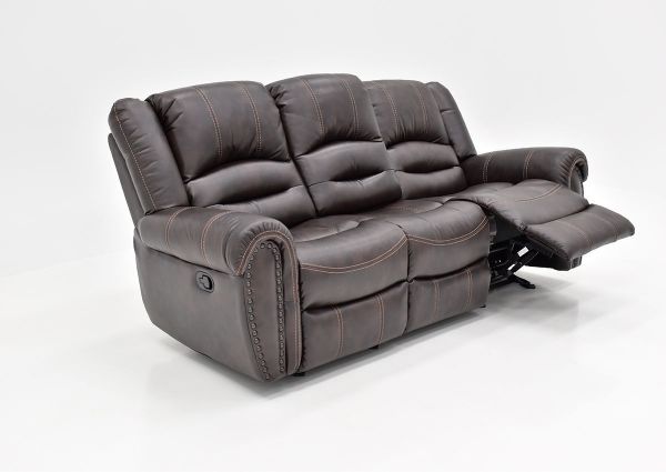 Slightly Angled View with One Footrest Opened on the Torino Reclining Sofa in Brown by Man Wah | Home Furniture Plus Bedding