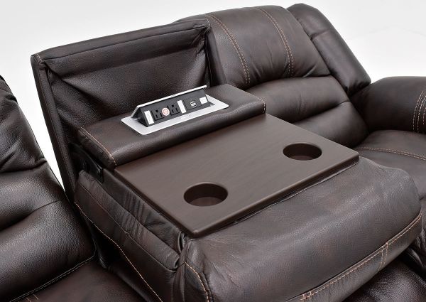Close Up View of the Center Console with Power Ports on the Torino Reclining Sofa in Brown by Man Wah | Home Furniture Plus Bedding