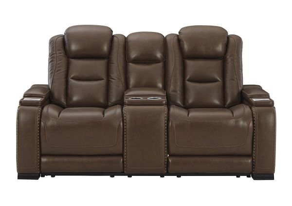 Front Facing View of the Man-Den Power Reclining Loveseat in Mahogany Brown by Ashley Furniture | Home Furniture Plus Bedding