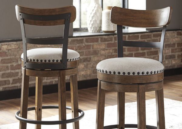 Front and Back Views of the Valebeck 24 Inch Barstool in Brown by Ashley Furniture in a Room Setting | Home Furniture Plus Bedding