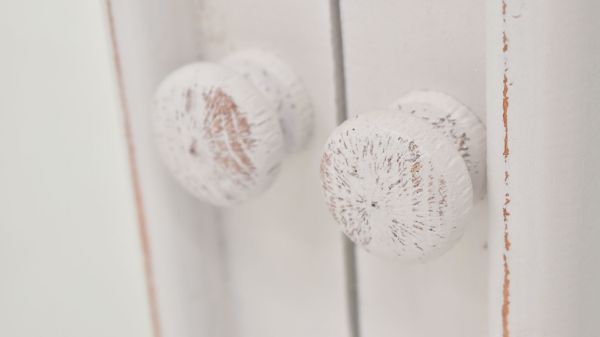 Close Up of the Knobs on the Brocade 2 Door Mirrored Console Cabinet in White by Vintage Furniture | Home Furniture Plus Bedding