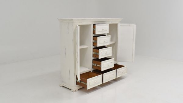 Angled View of the Opened Drawers and Doors on the Chalet Man's Chest in White by Vintage Furniture | Home Furniture Plus Bedding