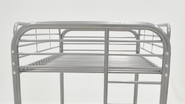Close Up of the Upper Bunk Bed Rails on the Silver Metal Bunk Bed - Twin Over Twin Slightly Angled | Home Furniture Plus Bedding