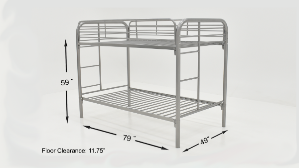 Silver Metal Bunk Bed - Twin Over Twin with Dimension Details | Home Furniture Plus Bedding	